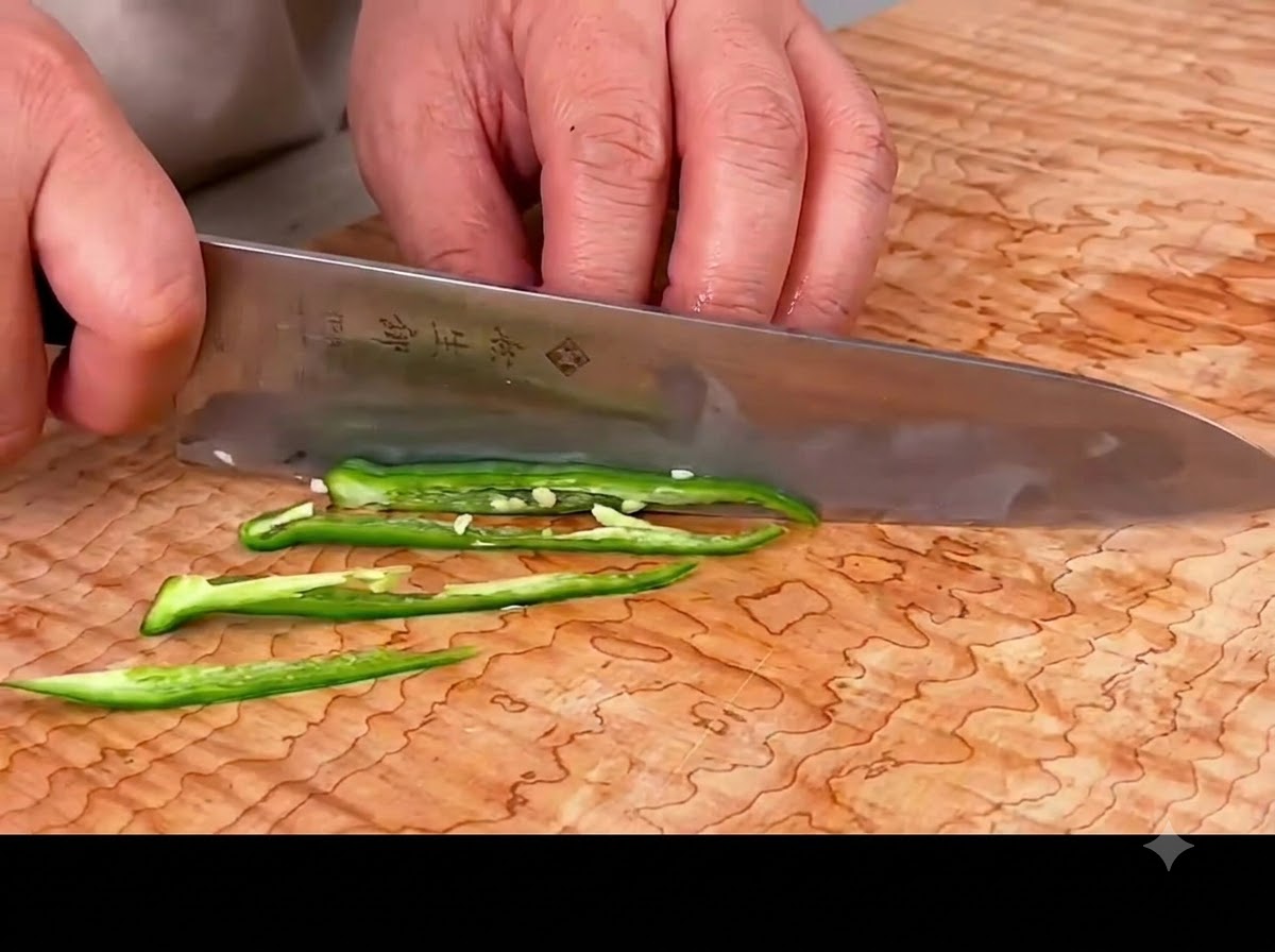 Un cuchillo cortando chiles verdes frescos para crear tiras largas y finas en una tabla de madera.
