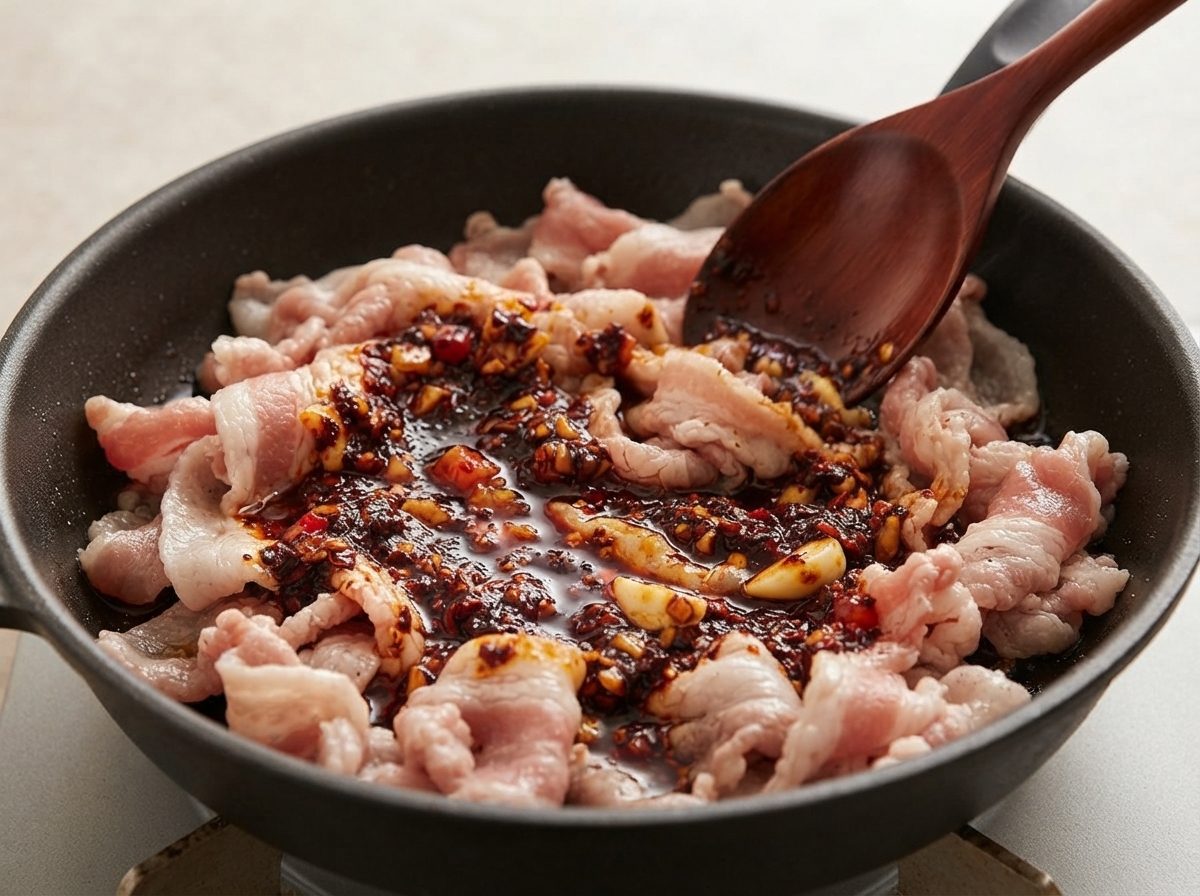Salsa espesa y roja oscura de gochujang sobre las rodajas de panceta ligeramente doradas en una sartén negra.
