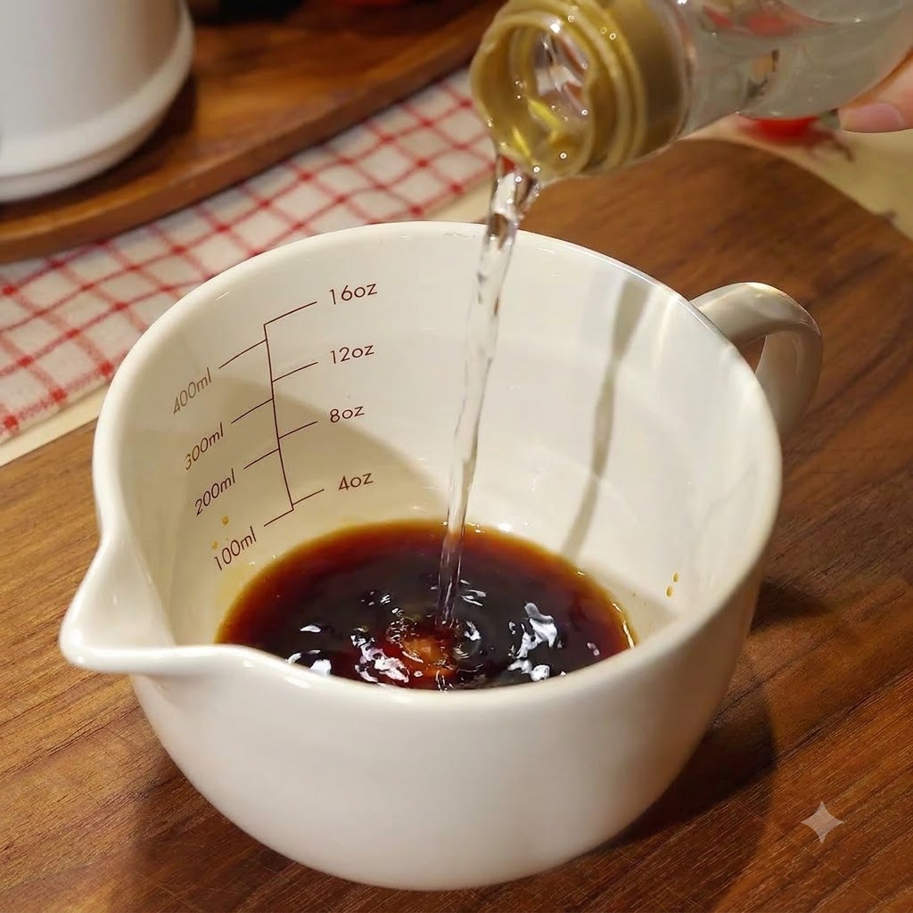 Líquido siendo vertido en una taza medidora blanca que contiene los ingredientes de la salsa oscura.