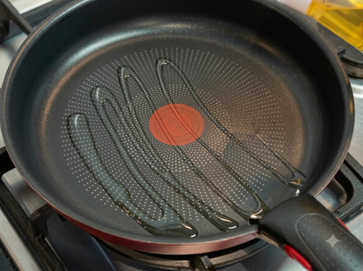 Una sartén antiadherente en una hornalla de gas con aceite de cocina rociado en la superficie.