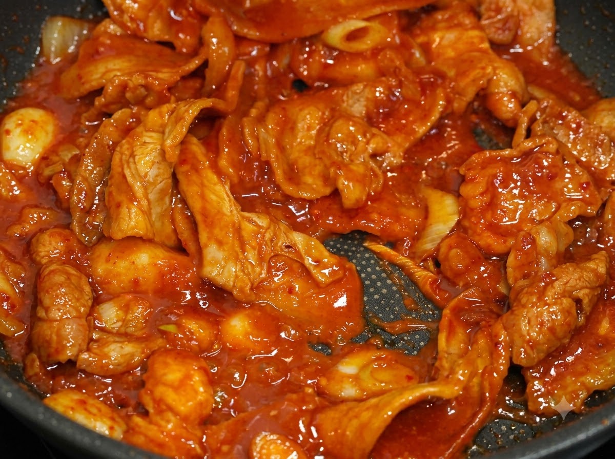 Rodajas finas de cerdo siendo salteadas en una sartén oscura con una salsa de chile roja espesa y vibrante.