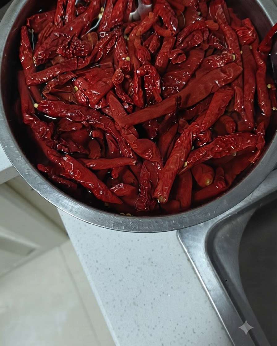 Chiles rojos secos siendo picados en trozos más pequeños sobre una tabla de cortar de madera con un cuchillo de carnicero.