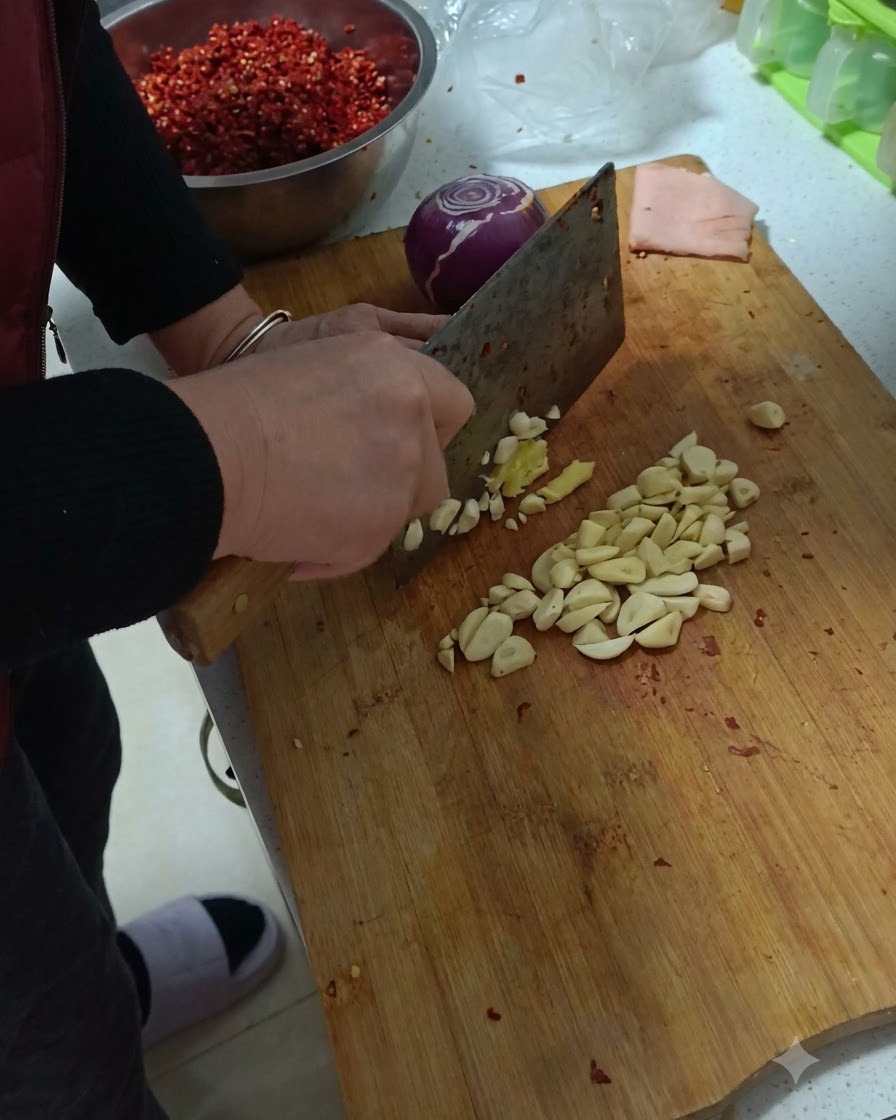 Ajo, jengibre y una cebolla morada siendo picados finamente en una tabla de cortar de madera.