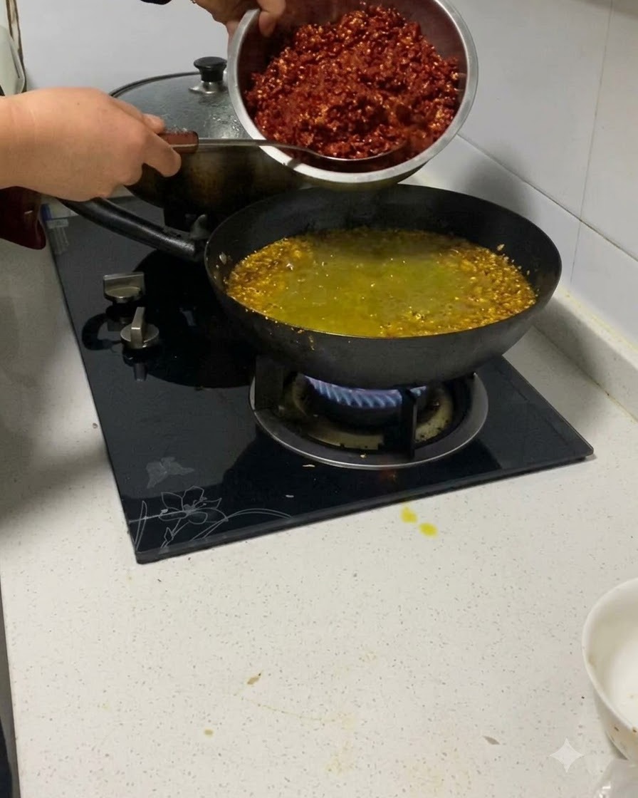 Chiles rojos picados siendo añadidos desde un tazón de metal a un wok con carne y aromáticos.