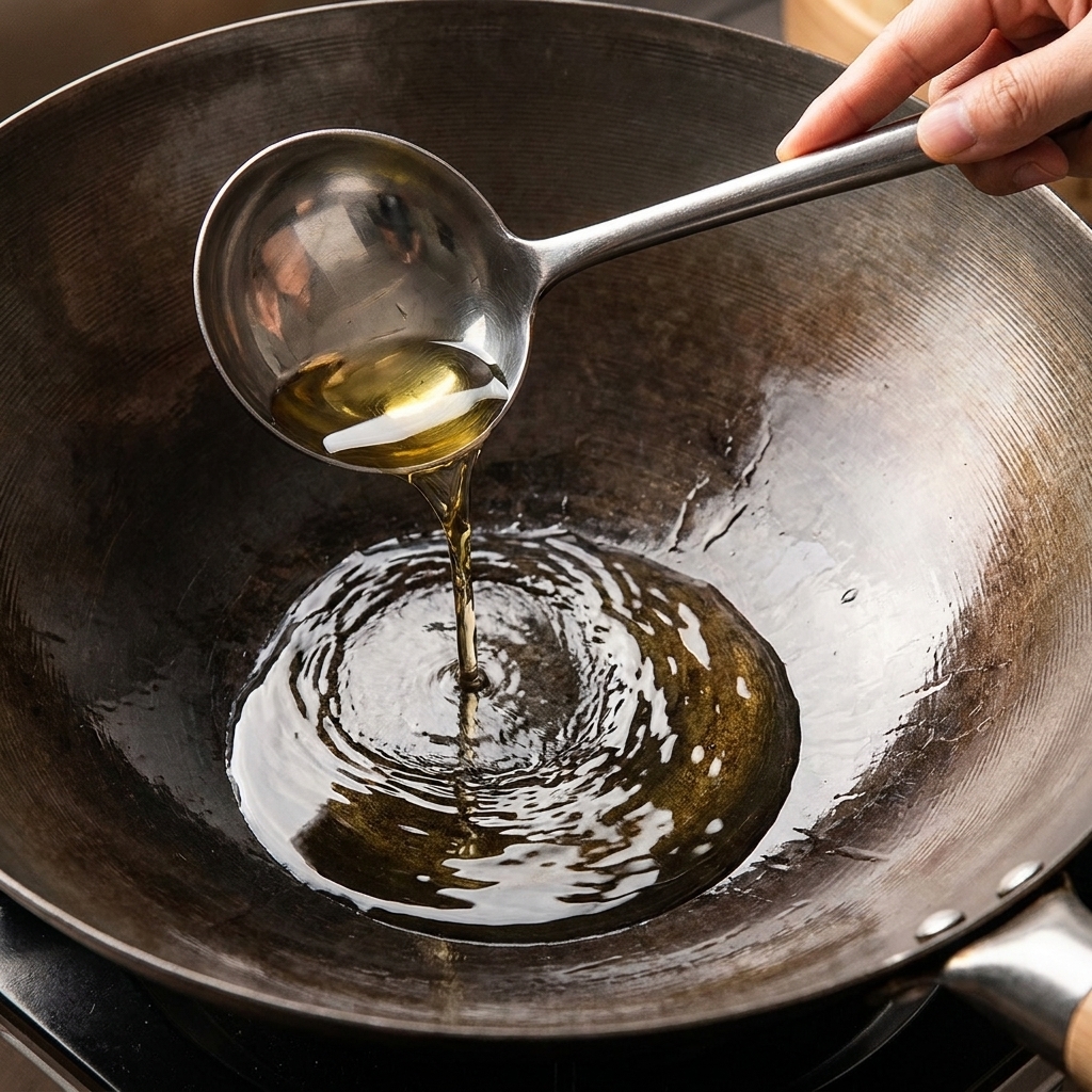 Aceite de cocina siendo vertido desde un cucharón en un wok caliente.