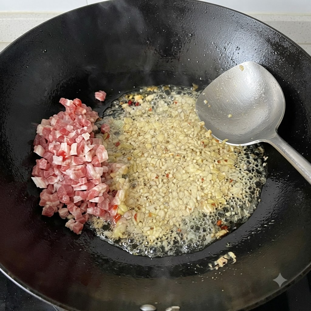Trozos de carne picados y mezcla aromática siendo salteados en un wok.
