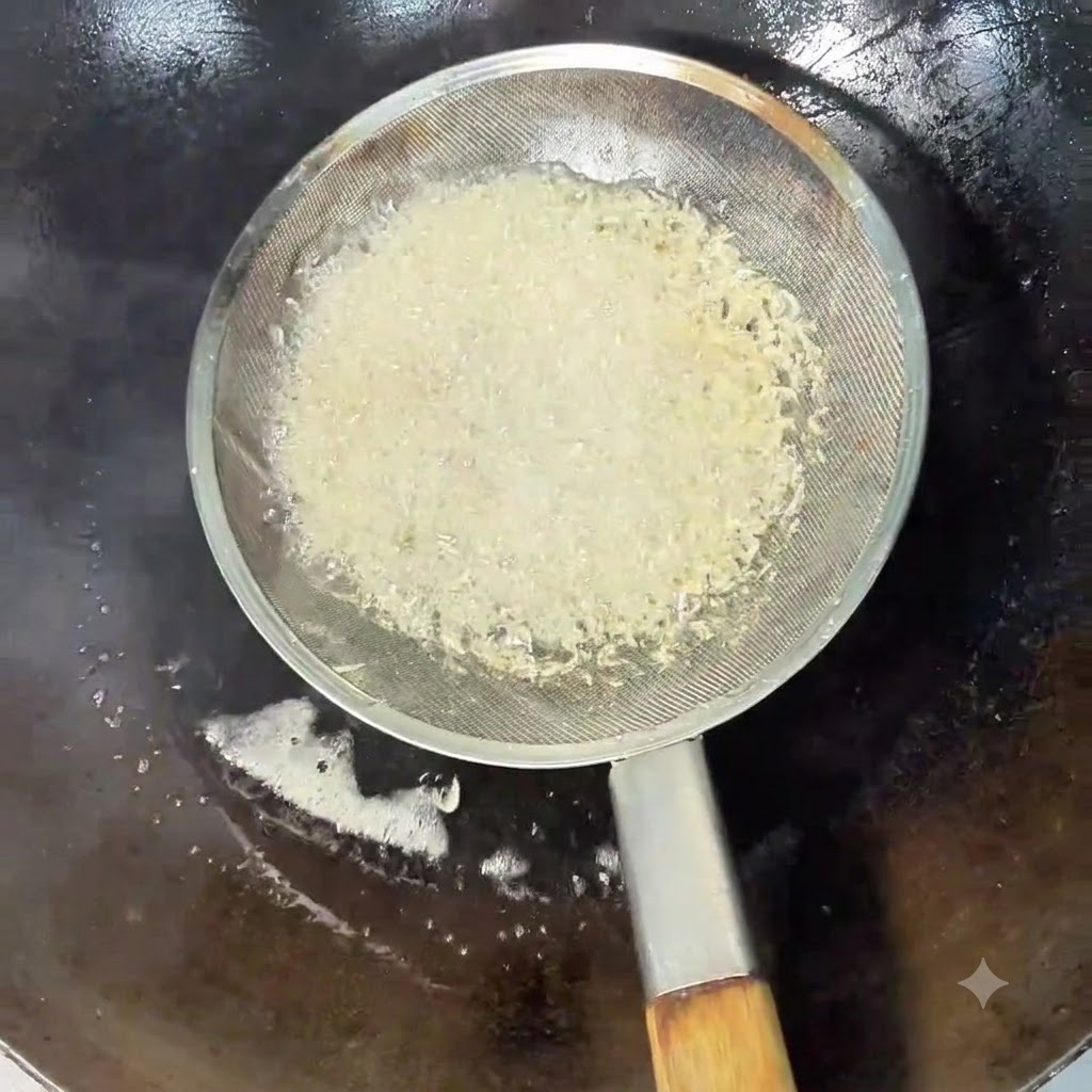 Camarones secos friéndose en aceite caliente dentro de una cesta colador.
