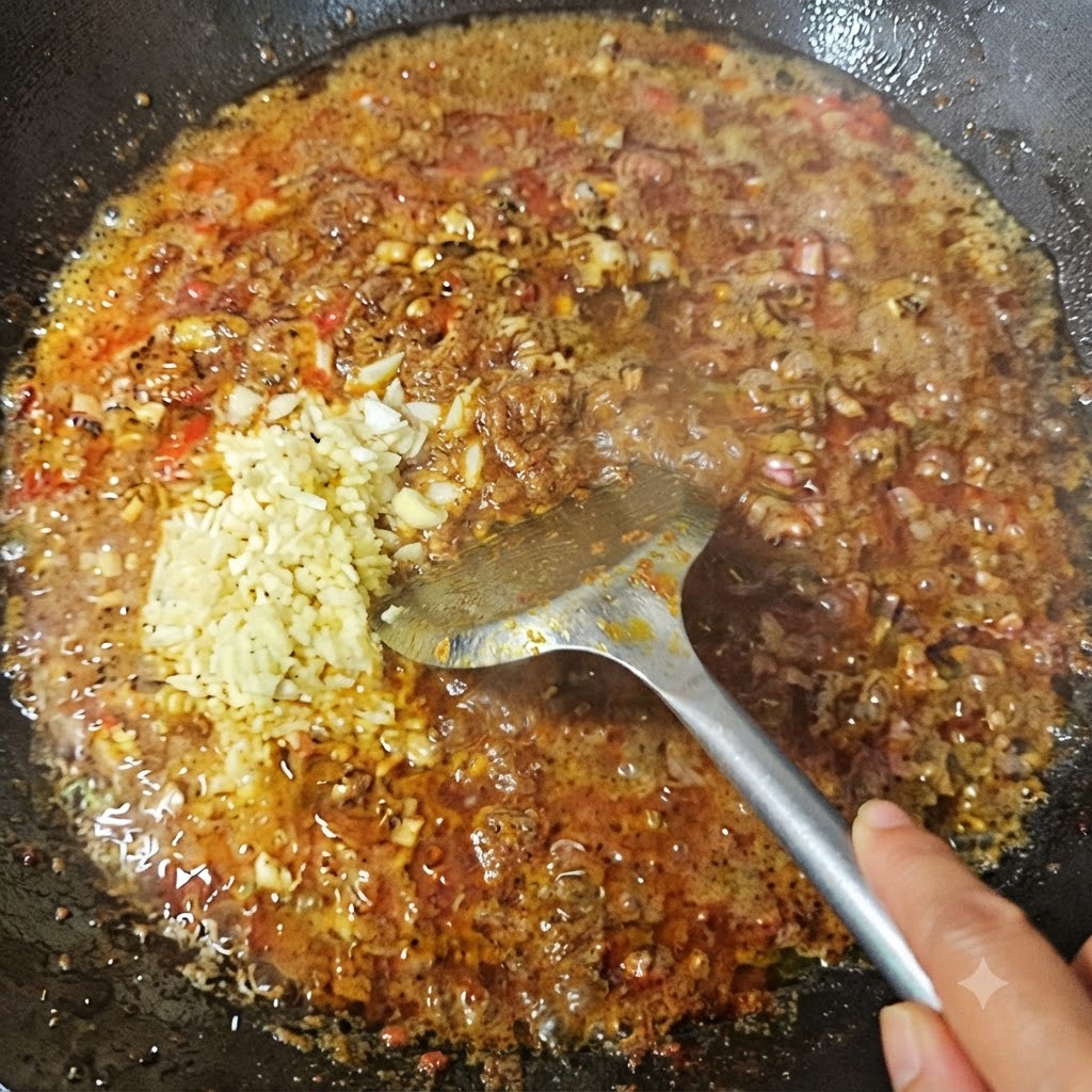 Salsa de condimento oscura y aromáticos adicionales siendo mezclados en el contenido del wok.