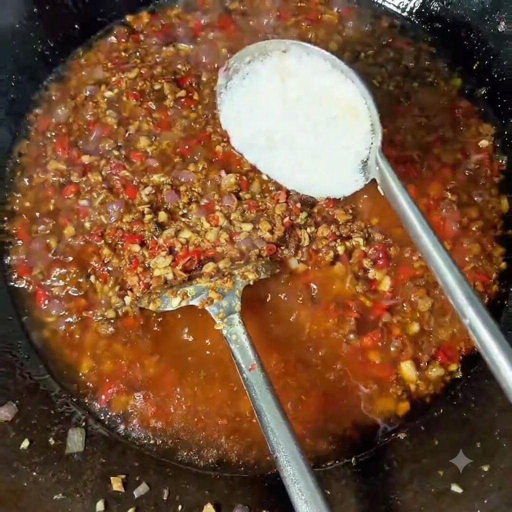 Una cucharada de pasta blanca y chile en polvo siendo añadidos al wok lleno de ingredientes a fuego lento.