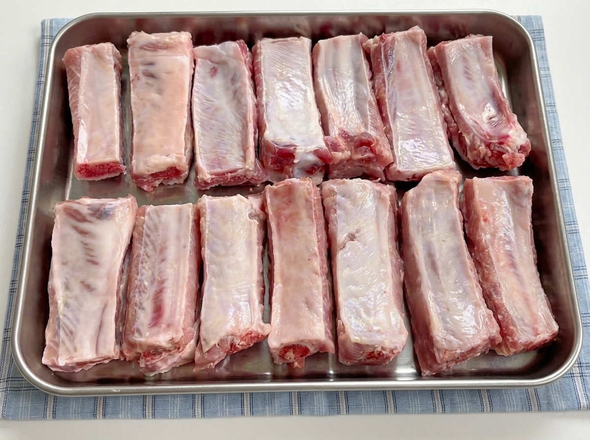 Costillas de cerdo crudas alineadas ordenadamente en una fila dentro de una bandeja de horno metálica.