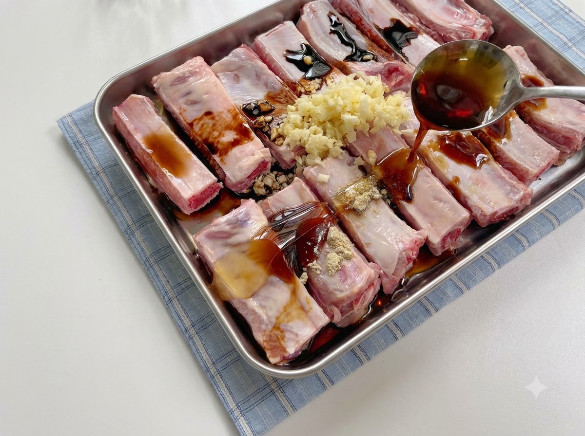 Fécula de maíz, sal y pimienta espolvoreadas sobre las costillas de cerdo cubiertas de salsa.