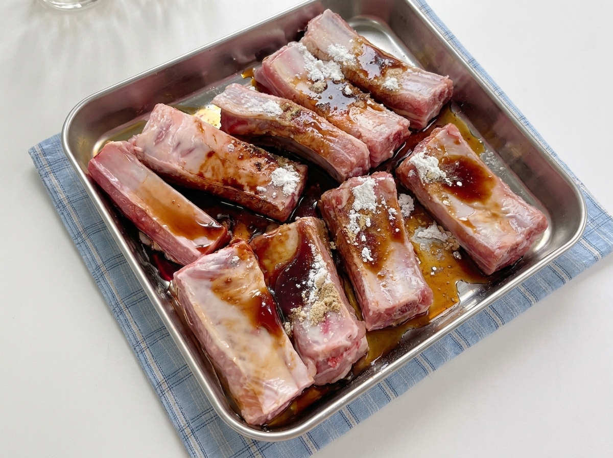 Costillas de cerdo completamente cubiertas con la marinada y los condimentos dentro de la bandeja metálica.