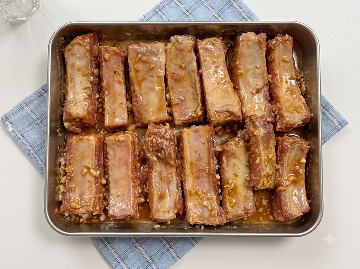 Una bandeja metálica de costillas de cerdo marinadas cubiertas de forma segura con una hoja de papel aluminio.