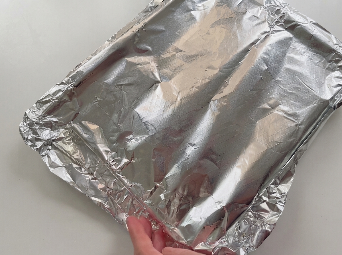 Una bandeja de horno cubierta con papel aluminio con costillas de cerdo marinadas siendo colocadas dentro del horno.