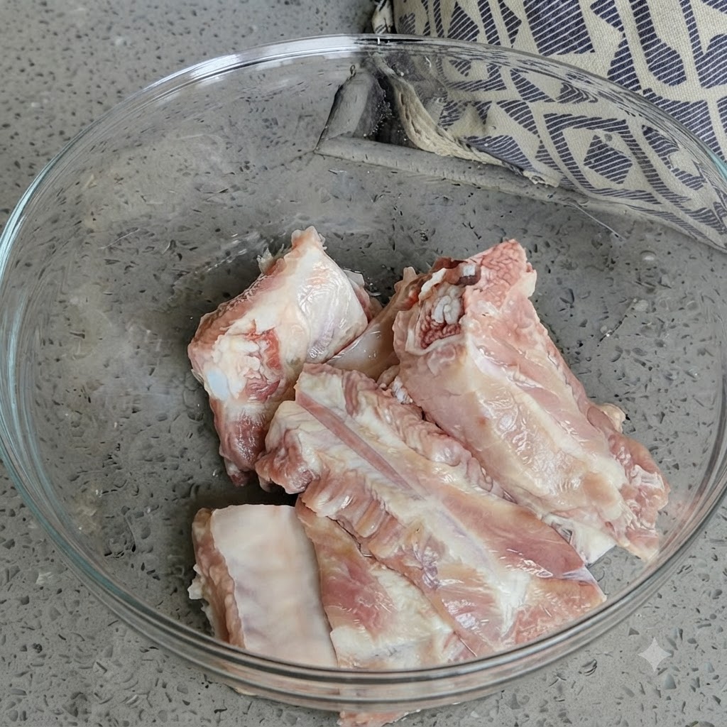 Botella vertiendo miel sobre trozos de carne de cerdo cruda en un tazón de vidrio.