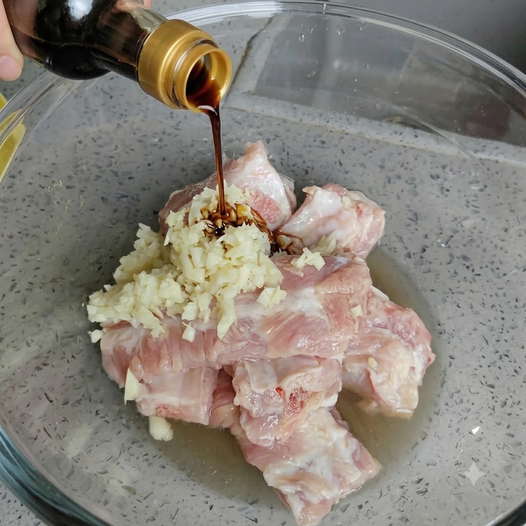 Salsa de soja ligera cayendo desde una botella sobre la mezcla de costillas de cerdo y ajo.