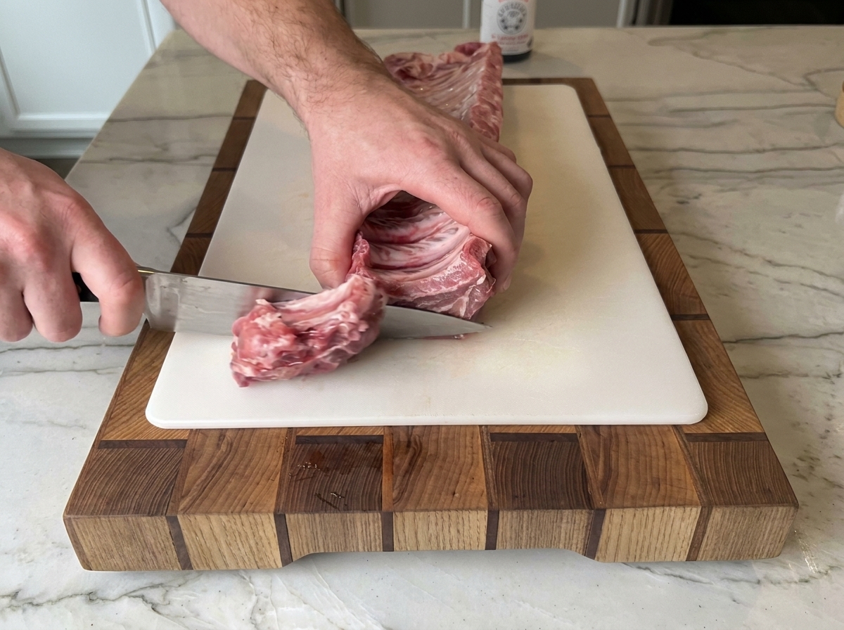 Una tira de costillas de cerdo crudas siendo cortadas en piezas individuales con hueso con un cuchillo en una tabla de cortar.