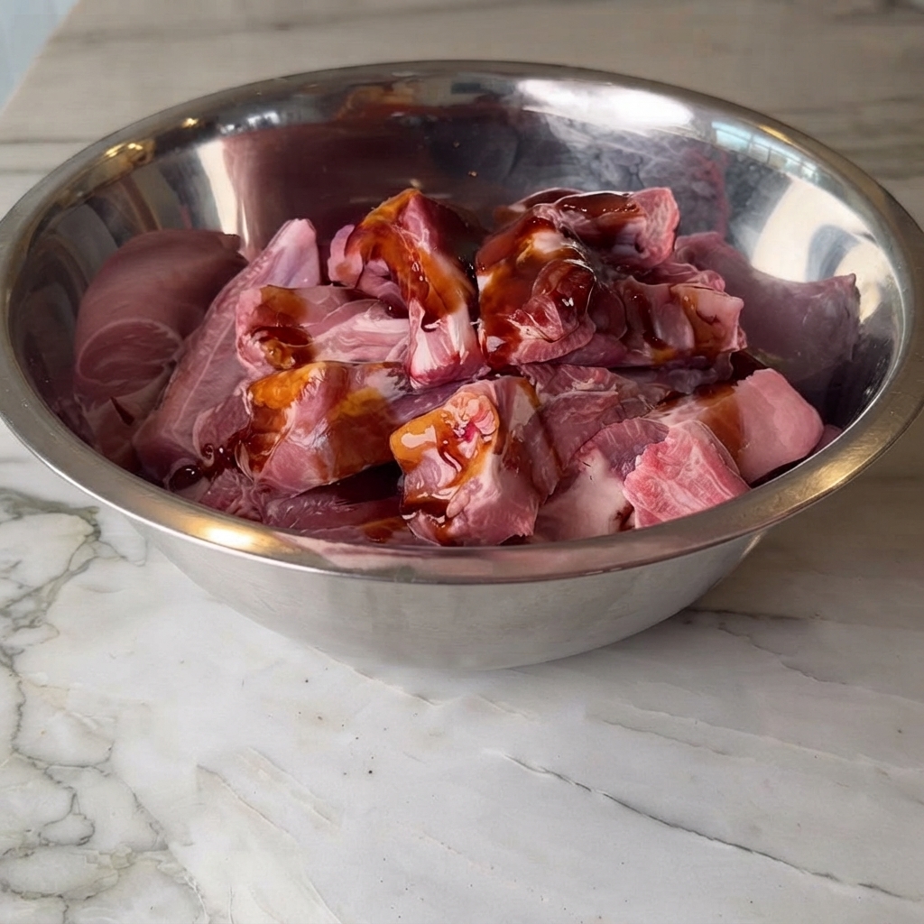 Salsa de soja, salsa de soja oscura y salsa de ostras vertidas sobre trozos de costilla de cerdo cruda en un tazón de mezcla de acero inoxidable.