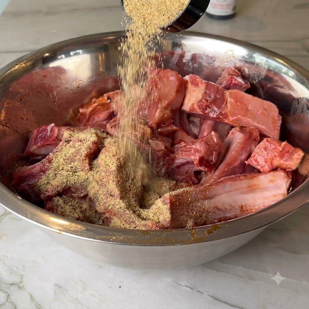 Sazonador para barbacoa y chile en polvo siendo espolvoreados sobre costillas de cerdo cortadas en un tazón de metal.