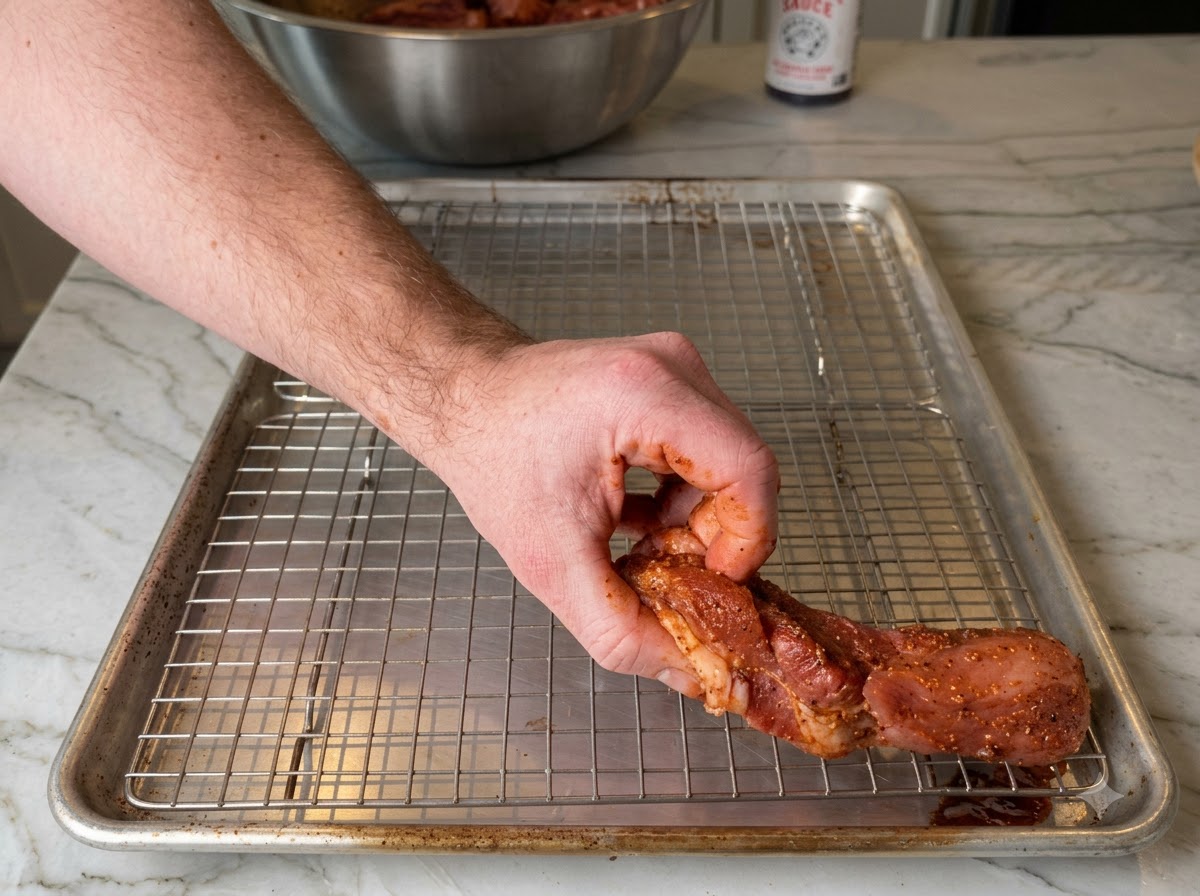 Costillas de cerdo marinadas dispuestas ordenadamente en una rejilla metálica sobre una bandeja para hornear.