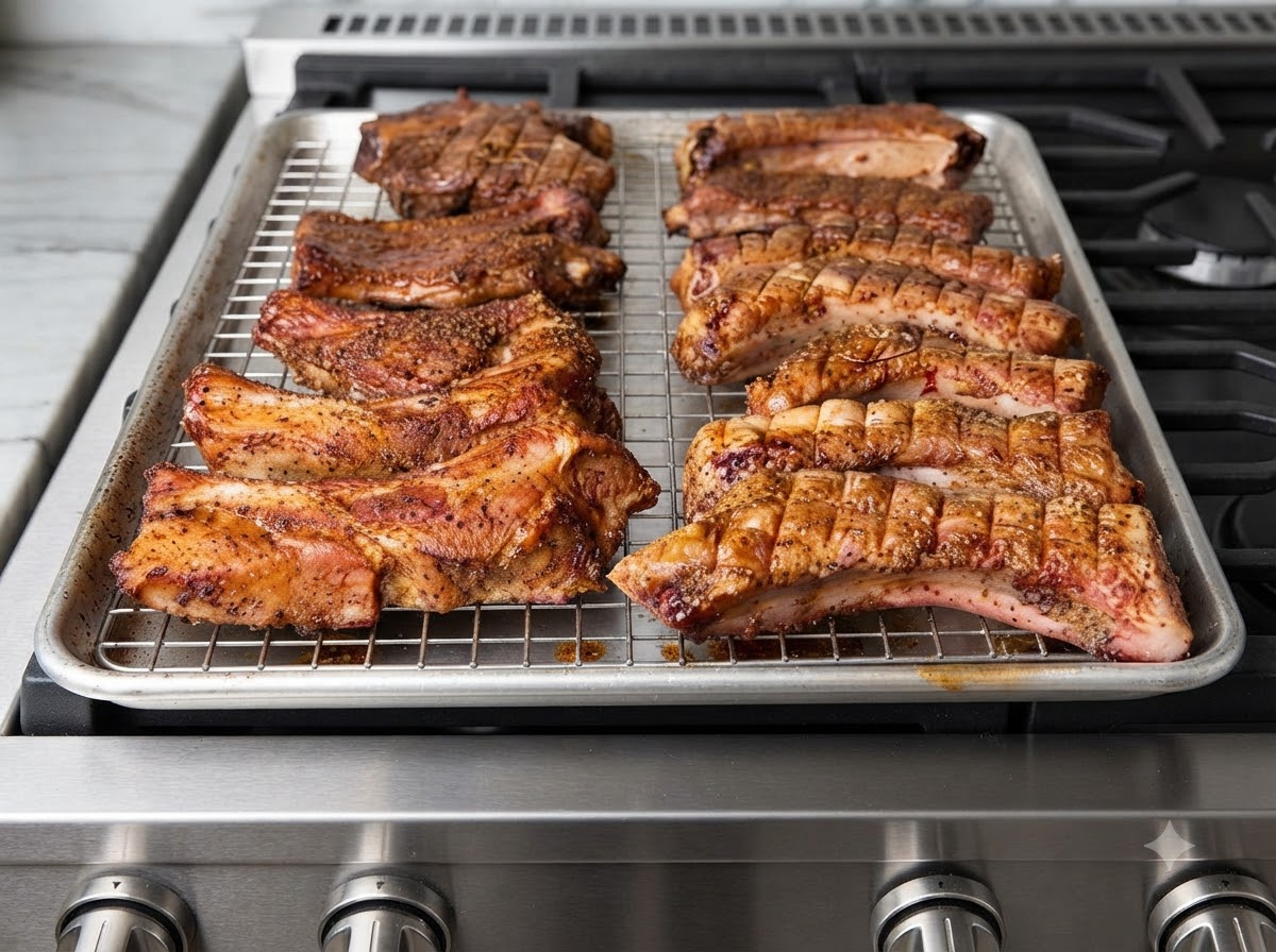 Costillas de cerdo horneadas dispuestas en una rejilla recibiendo una capa completa de glaseado marrón cepillado en su superficie.