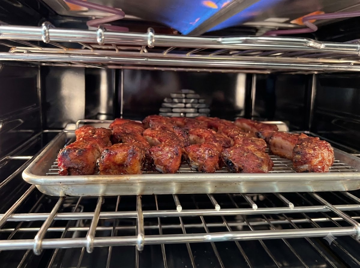 Costillas de cerdo reposando en una rejilla dentro de un horno caliente mientras son untadas con salsa.