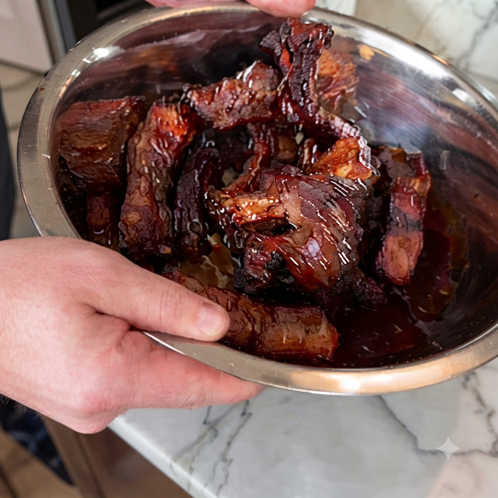 Costillas cocinadas crujientes siendo mezcladas en un tazón grande de acero inoxidable con un rico glaseado oscuro.
