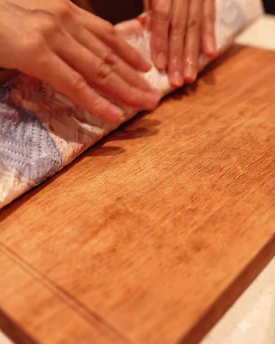 Costillas de cerdo siendo preparadas y cortadas en una tabla de cortar de madera.