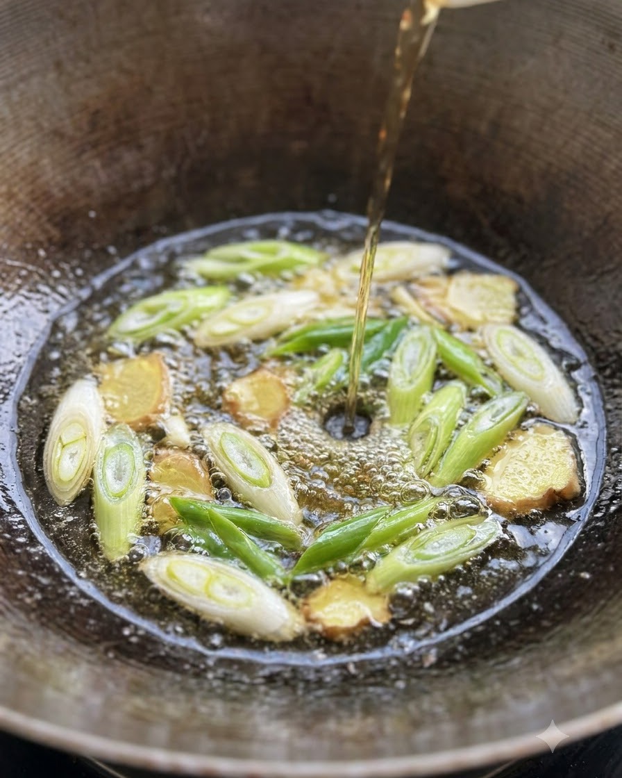 Costillas de cerdo hirviendo en un wok con rodajas de cebollitas verdes y jengibre.