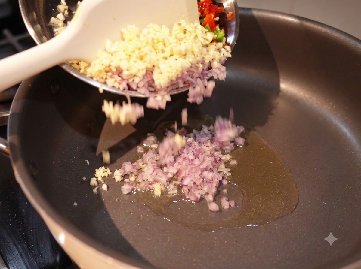 Cebollas picadas, ajo y chiles siendo vertidos en una sartén con aceite.
