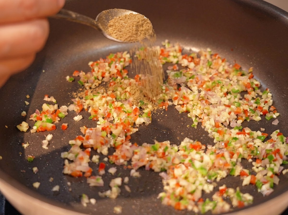 Comino en polvo siendo espolvoreado desde una cuchara sobre los aromáticos salteados en una sartén.