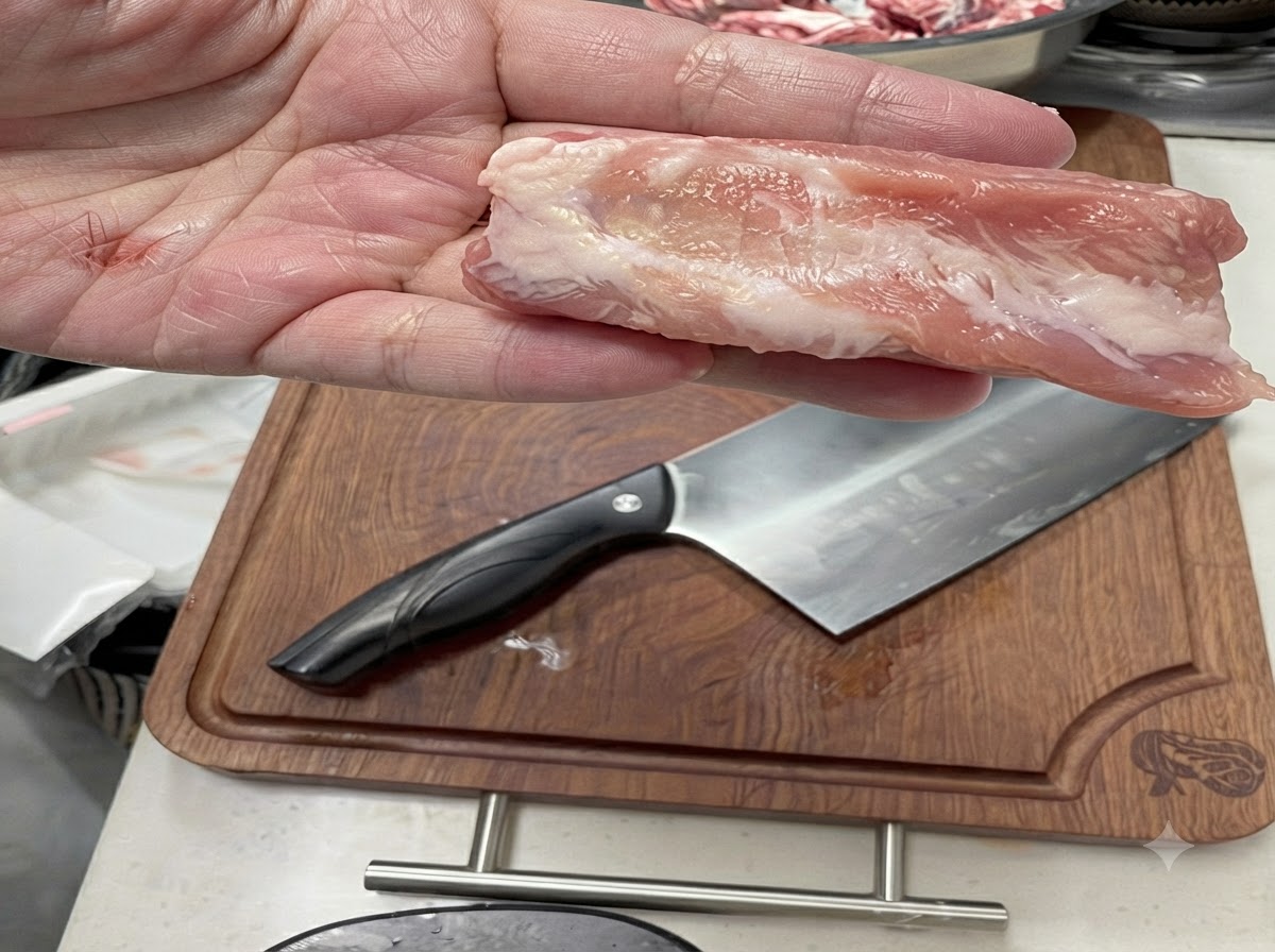 Un primer plano de un trozo de costilla de cerdo cruda sostenido sobre una tabla de cortar de madera con un cuchillo de carnicero.