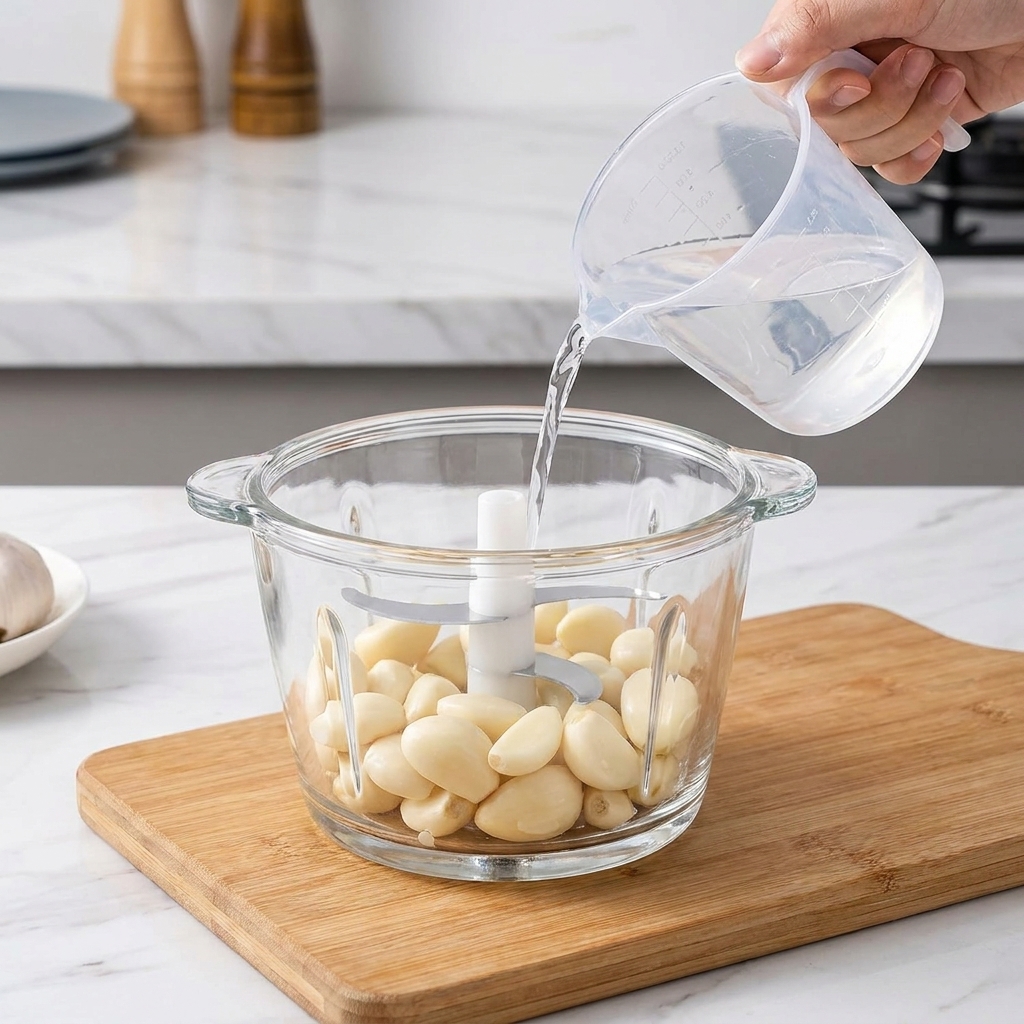 Dientes de ajo y agua agregados al vaso de un procesador de alimentos sobre una tabla de madera.