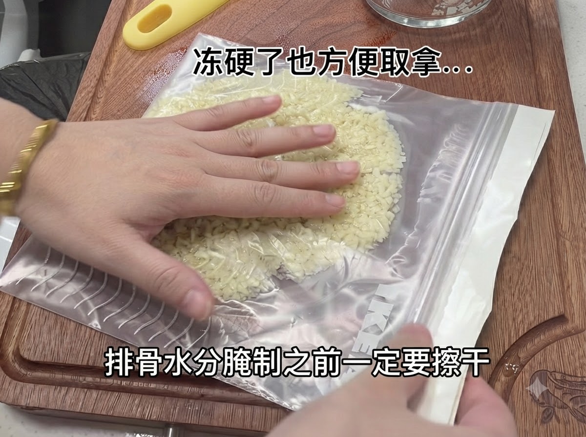 Una mano presionando toallas de papel sobre un paquete plano de alimentos en una tabla de cortar de madera con texto superpuesto.