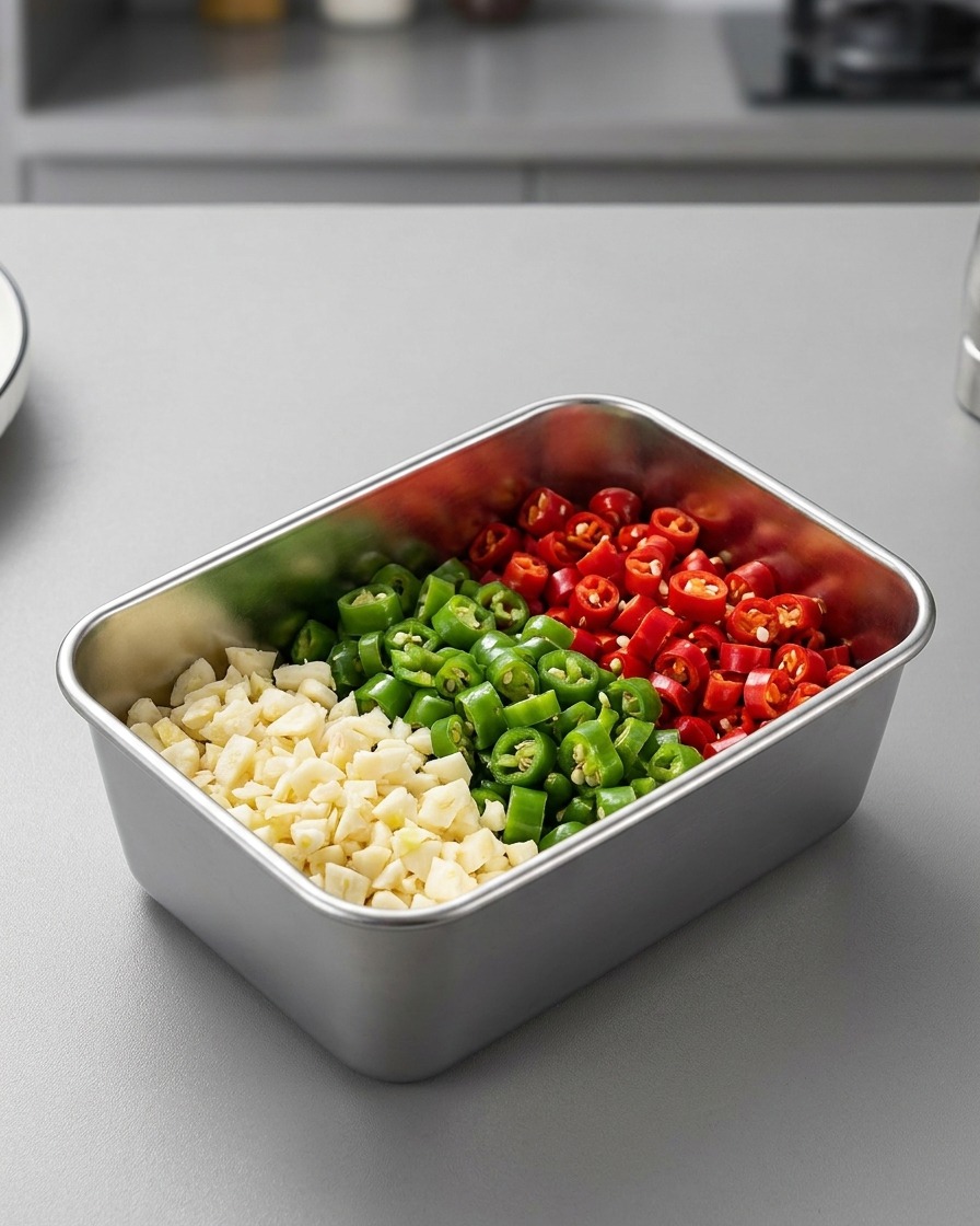 Ajo picado, pimientos verdes troceados y chiles rojos en rodajas, organizados en un recipiente de acero.