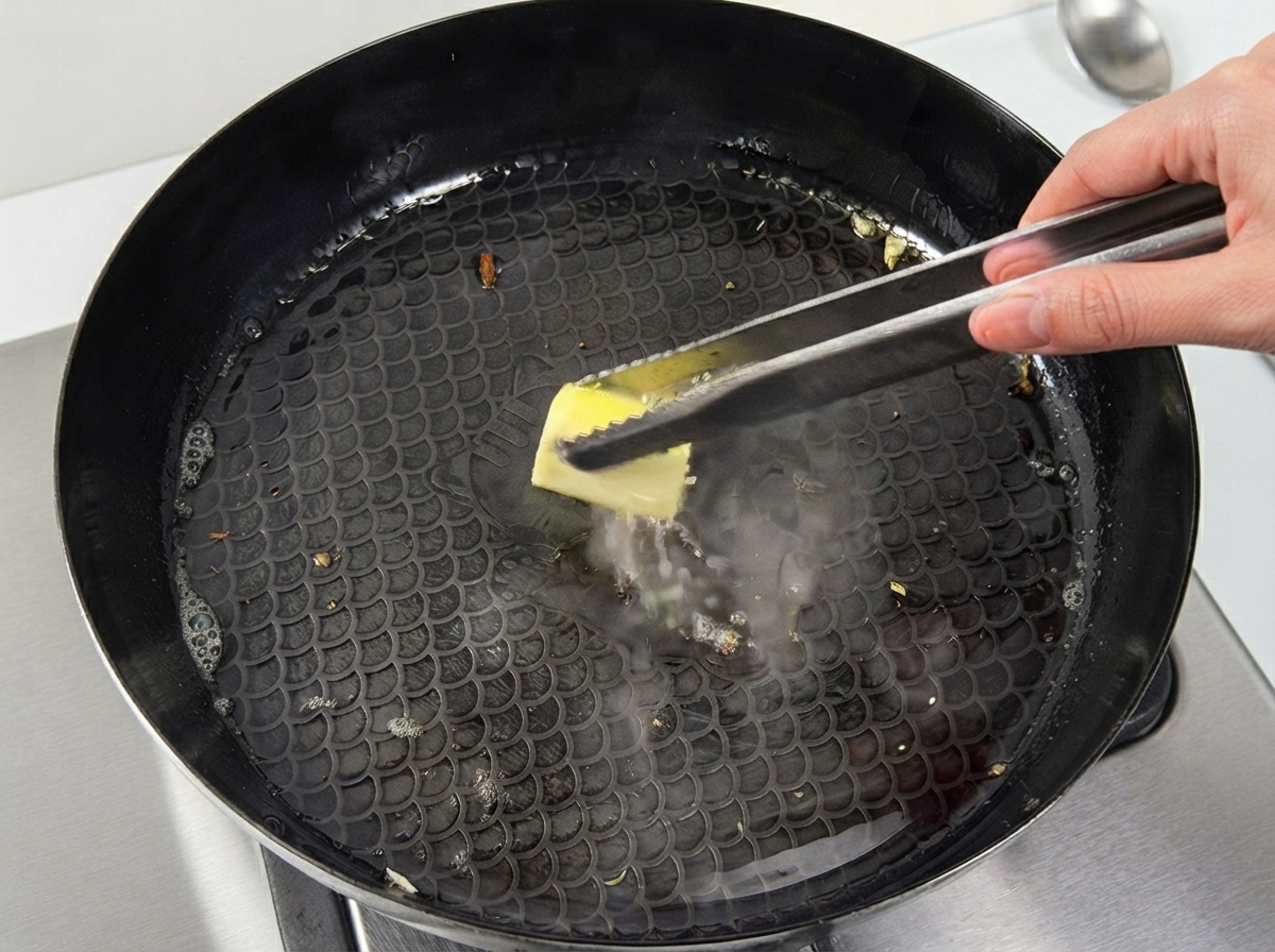 Unas pinzas de metal colocando un trozo de mantequilla en una sartén caliente con aceite.