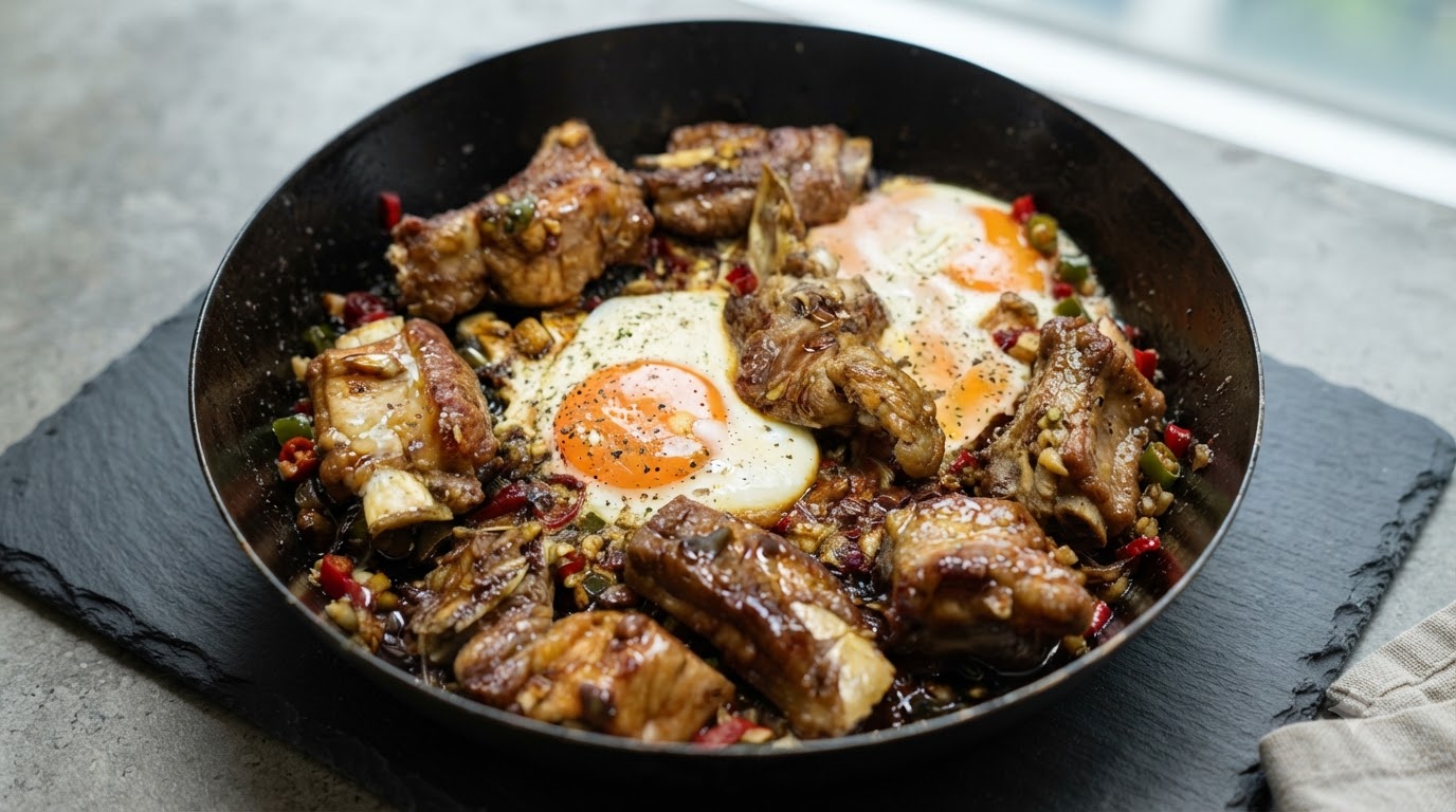 Costillas de Cerdo Glaseadas con Miel, Ajo y Huevo Frito