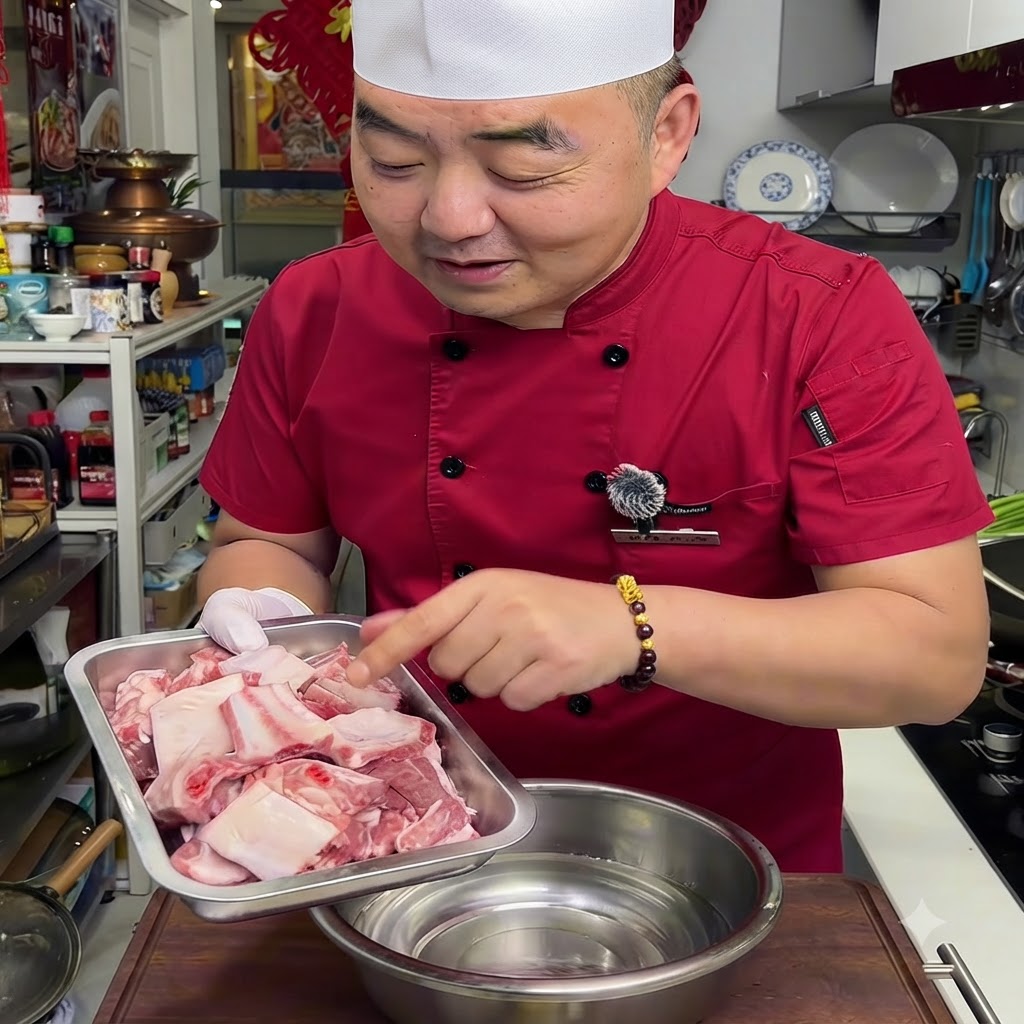 Costillas de cerdo crudas y recién picadas dispuestas en una bandeja de metal para preparación.