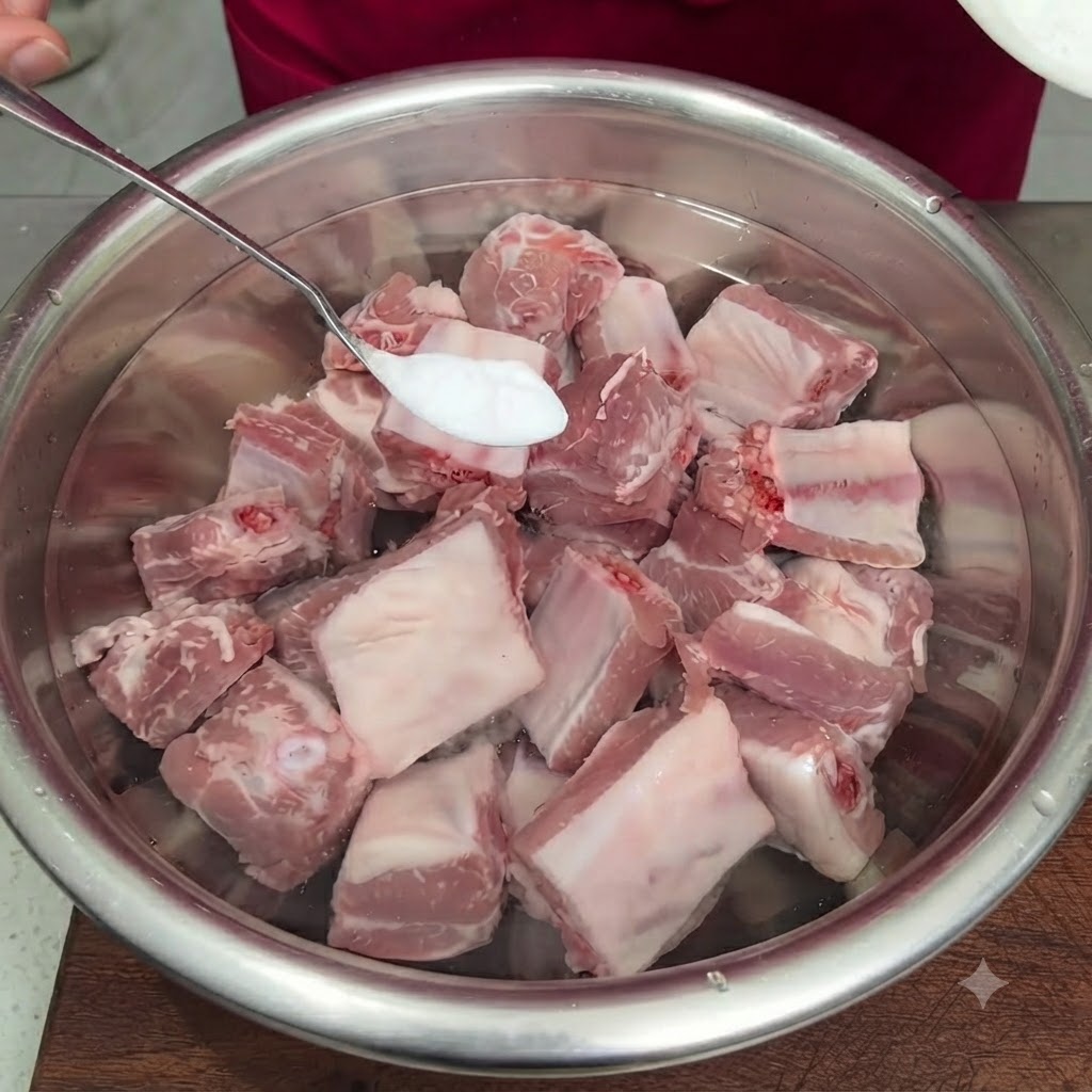 Una cucharada de bicarbonato de sodio blanco siendo añadida a las costillas de cerdo crudas que se remojan en un tazón de metal con agua.