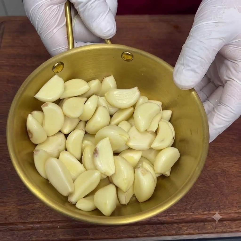 Dientes de ajo pelados cargados en un picador de alimentos para licuar.