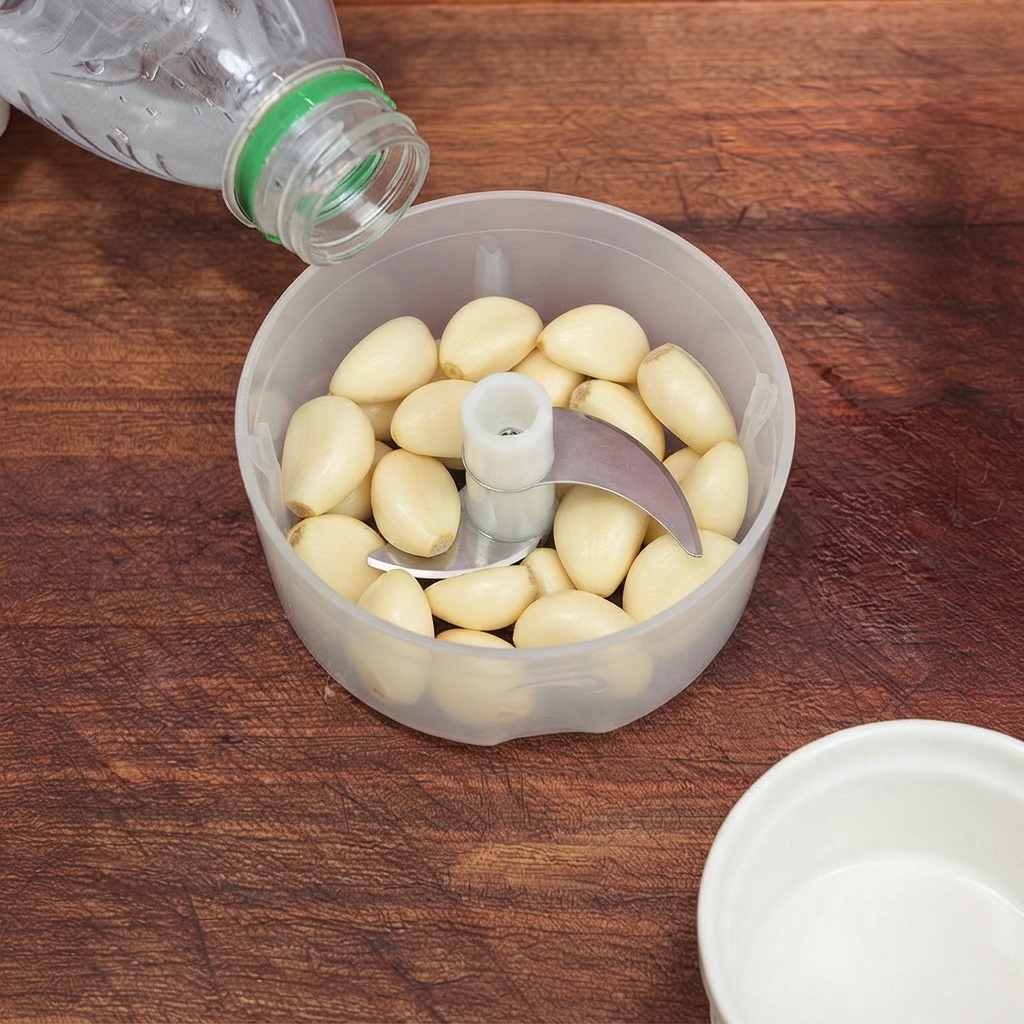 Agua siendo vertida desde una botella de plástico en un picador de alimentos manual pequeño lleno de dientes de ajo pelados.
