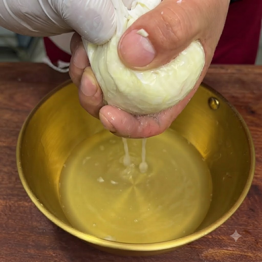 Manos exprimiendo firmemente una bolsa de tela para extraer gotas de jugo de ajo en un tazón de bronce.