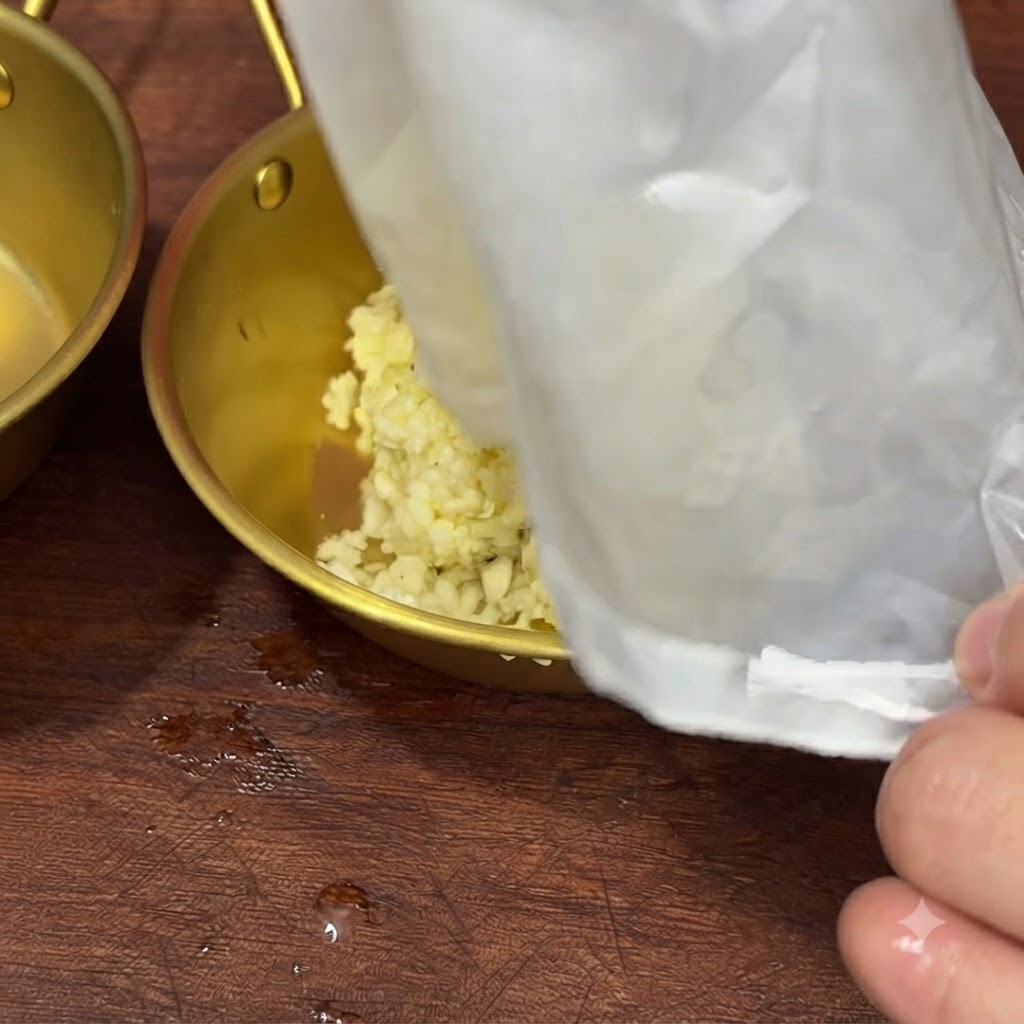 Transfiriendo el ajo picado restante de una bolsa de filtro a un tazón.