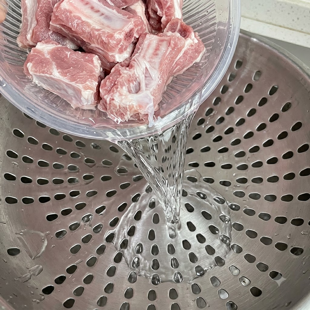 Costillas de cerdo crudas, pálidas y lavadas escurriéndose dentro de un colador.