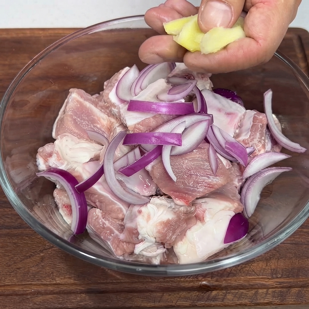 Una persona colocando rodajas de jengibre en un tazón de vidrio lleno de costillas de cerdo crudas picadas y cebollas moradas en rodajas.