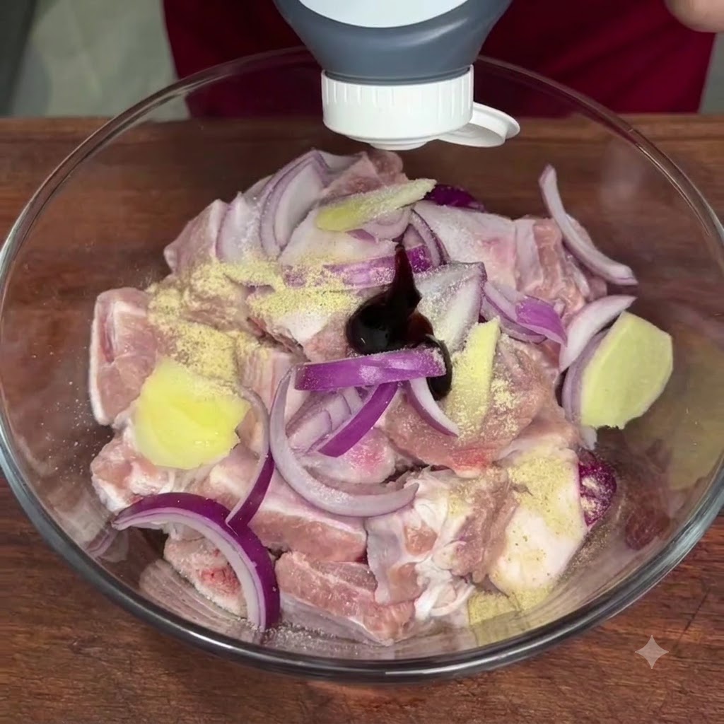 Salsa de ostras siendo exprimida desde una botella hacia el centro de las costillas de cerdo sazonadas en un tazón de vidrio.