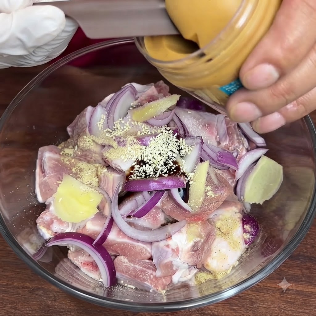 Una gran porción de mantequilla de maní cremosa siendo recogida de un recipiente hacia el tazón de costillas de cerdo marinadas.