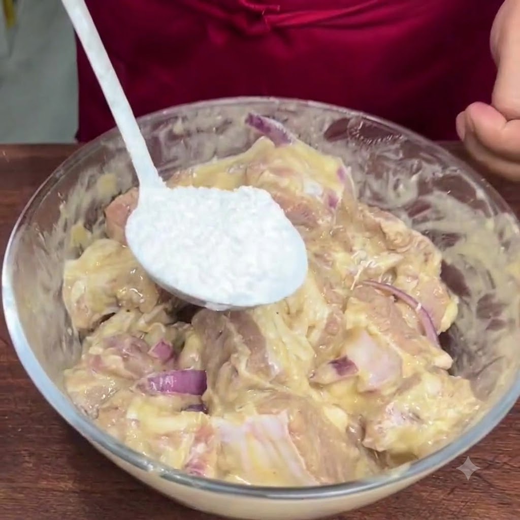 Una cuchara blanca con una porción de harina de arroz glutinoso sobre un tazón de vidrio con costillas marinadas.