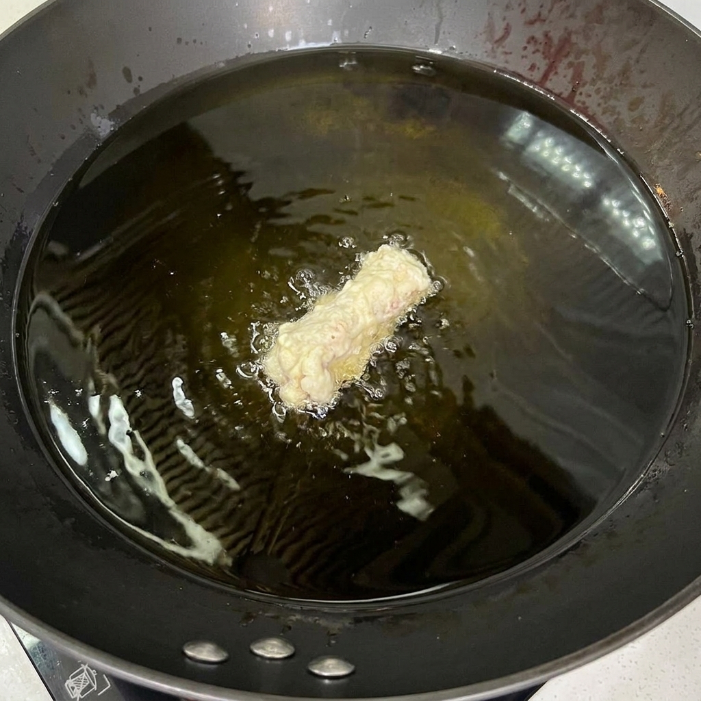 Una sola costilla de cerdo rebozada siendo bajada al aceite de cocina caliente y brillante en un wok negro.