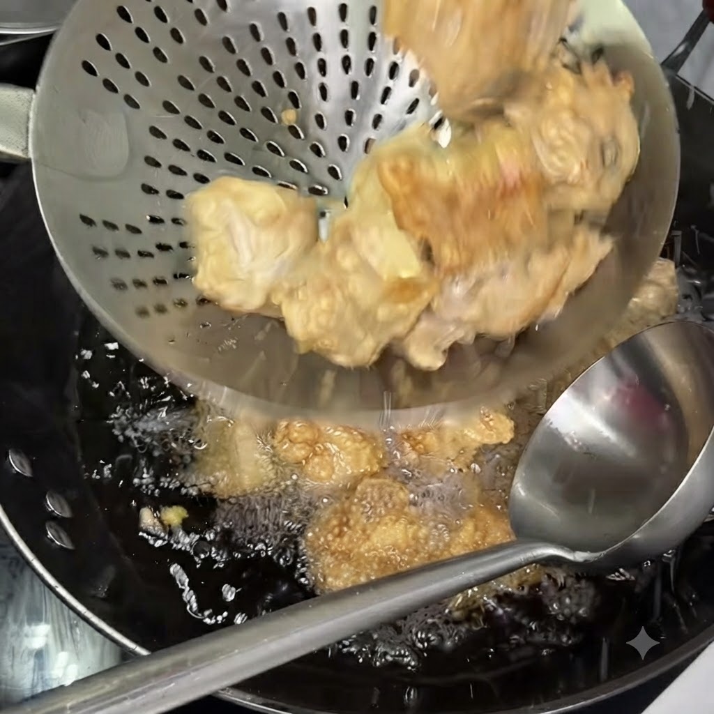 Una cuchara ranurada levantando costillas parcialmente fritas del aceite caliente mientras otro cucharón descansa en el wok.